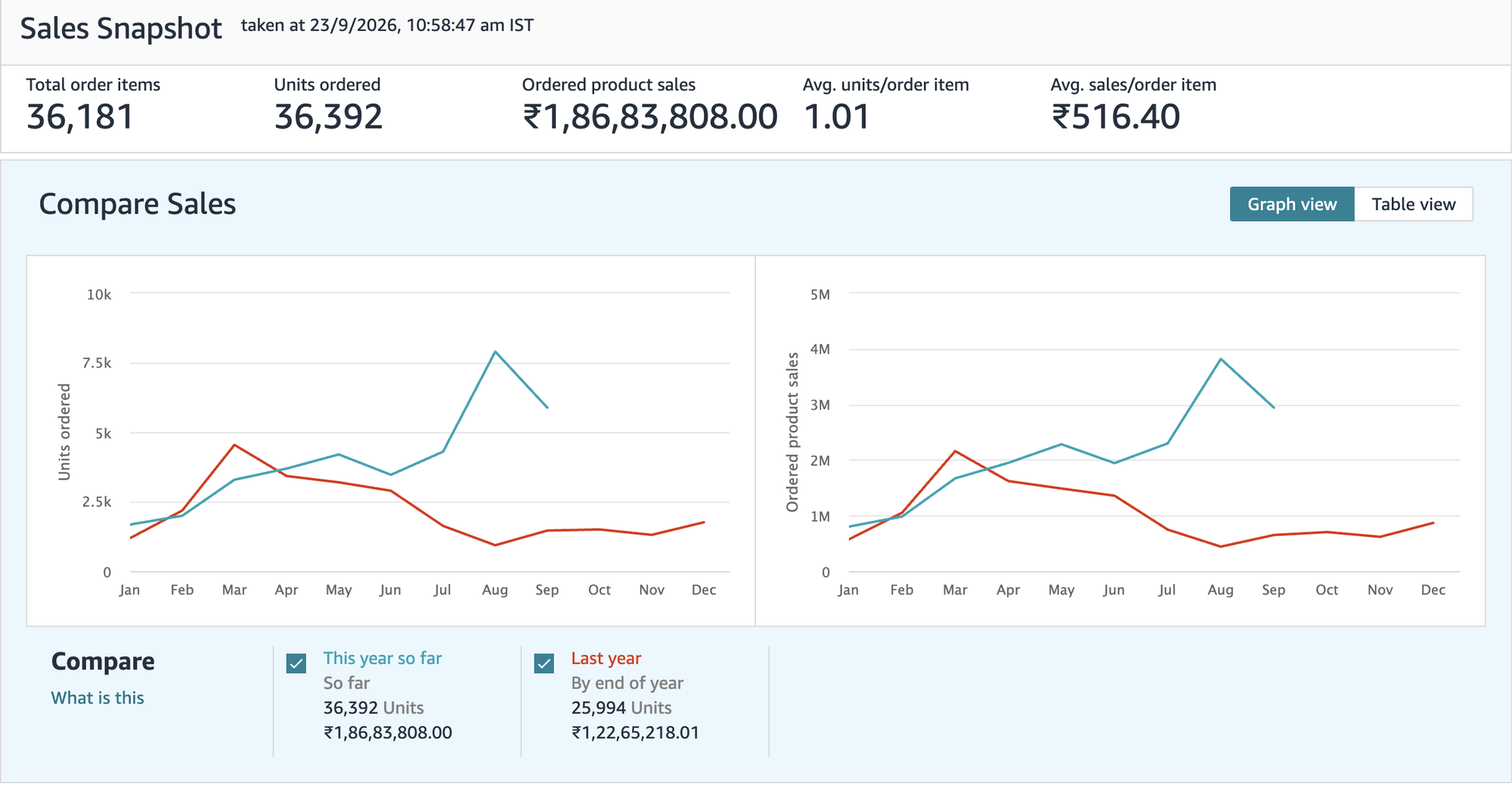 Amazon Seller Central sales snapshot